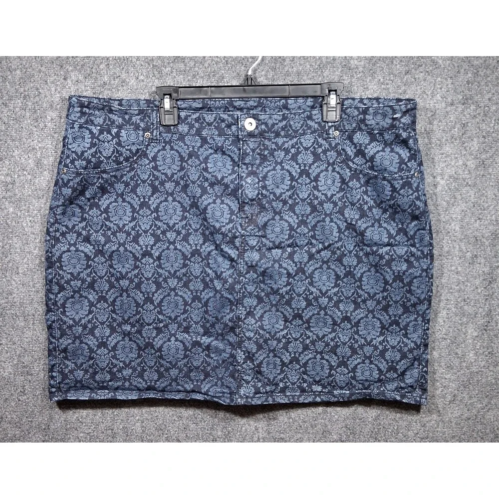 CJ Banks Women 22W Blue Damask Floral‎ Denim Mini Skirt Stretch Plus Size